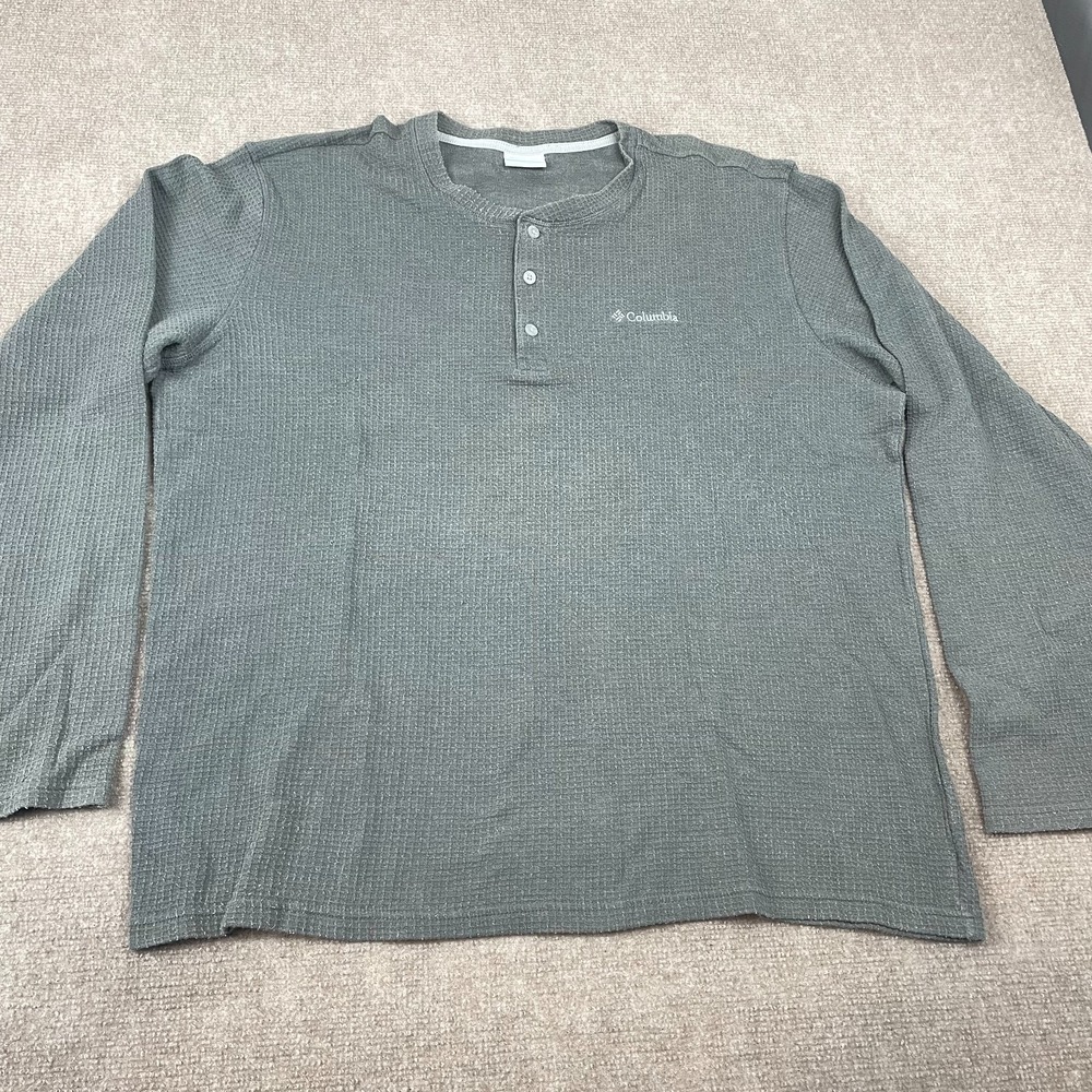 Columbia Pine Peak Waffle Henley T-Shirt Mens 2XL Gray Logo Thermal Long Sleeve